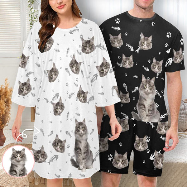 DogPicGift Pajama Personalized Pet Cat Face Men Sleepwear&Women's Oversized Sleep Tee Custom Cat Crew Neck Couple Matching Short Pajama Set