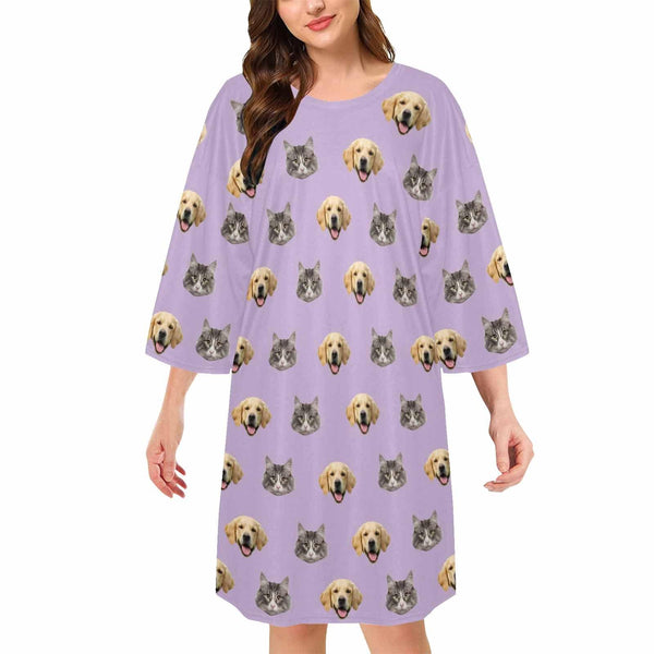 DogPicGift Pajama Purple / S Custom Pet Faces Multicolor Pajamas for Women's Oversized Sleep Tee Personalized Women's Loose Nightshirt Sleepwear