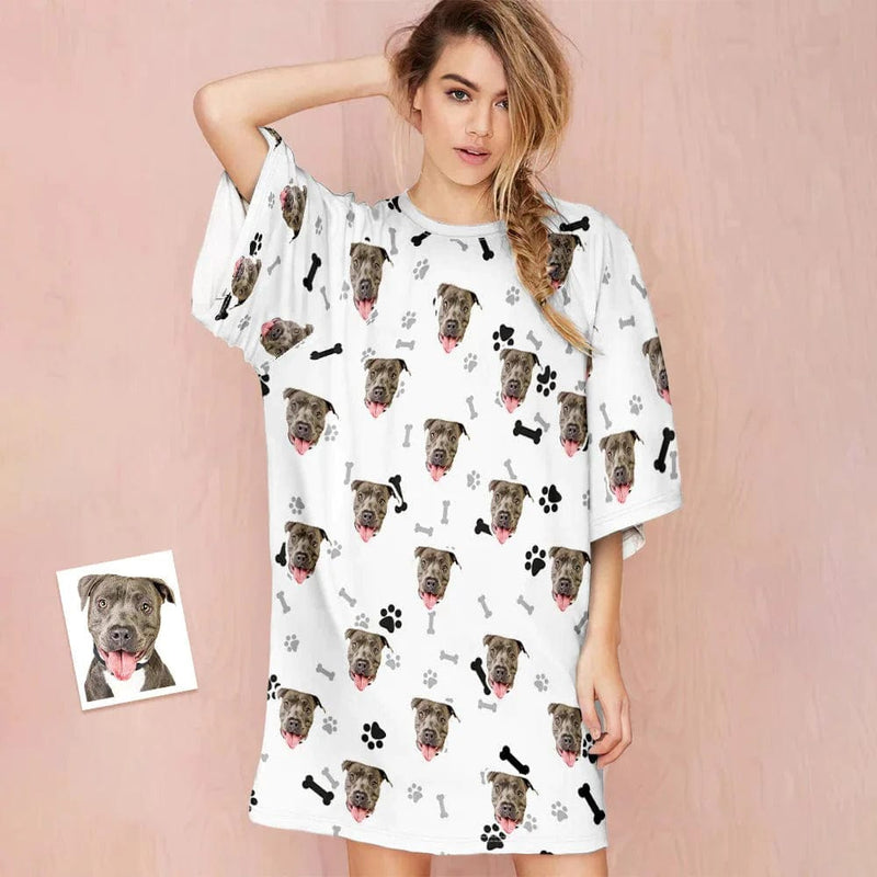DogPicGift Pajama White / S Custom Dog Face Nightdress Personalized Photo Women's Oversized Colorful Nightshirt Bone Gifts For Women