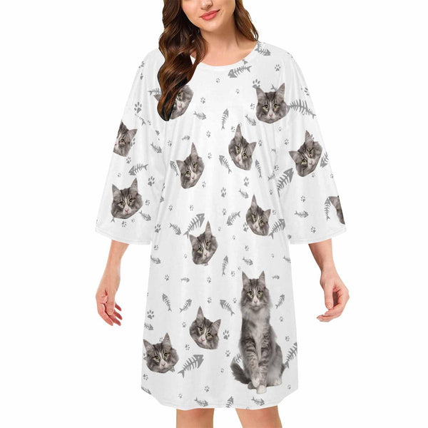 DogPicGift Pajama Wome / S Personalized Pet Cat Face Men Sleepwear&Women's Oversized Sleep Tee Custom Cat Crew Neck Couple Matching Short Pajama Set