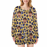 FacePajamas Pajama Long Tracksuit 2 / S Custom Face Leopard Print Women's Long Sleeve Scoop Neck Short Pajama Set