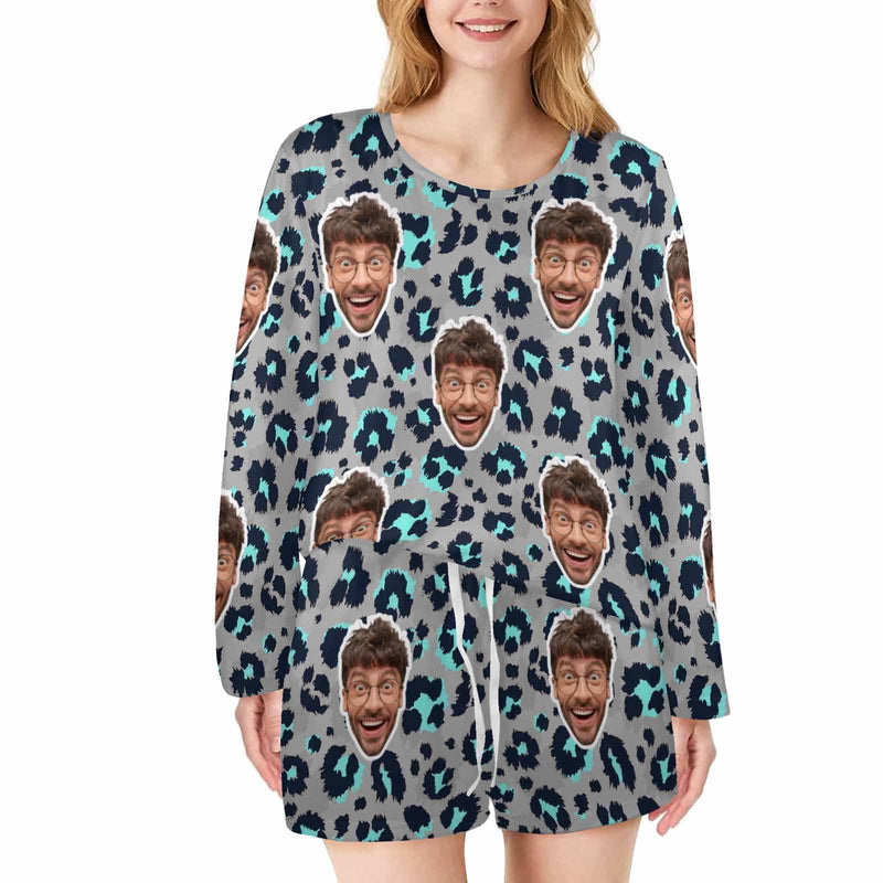 FacePajamas Pajama Long Tracksuit 3 / S Custom Face Leopard Print Women's Long Sleeve Scoop Neck Short Pajama Set