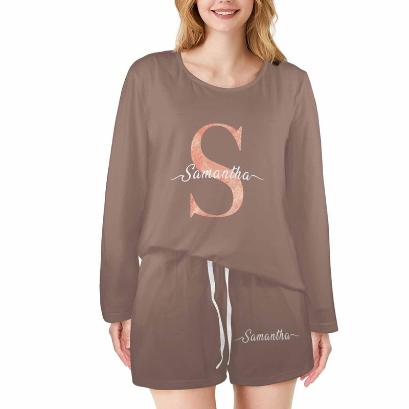 FacePajamas Pajama Long Tracksuit 3 / S Custom initials & name Women's Long Sleeve Scoop Neck Short Pajama Set
