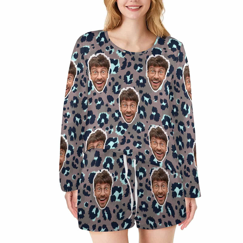 FacePajamas Pajama Long Tracksuit 4 / S Custom Face Leopard Print Women's Long Sleeve Scoop Neck Short Pajama Set