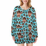 FacePajamas Pajama Long Tracksuit 5 / S Custom Face Leopard Print Women's Long Sleeve Scoop Neck Short Pajama Set