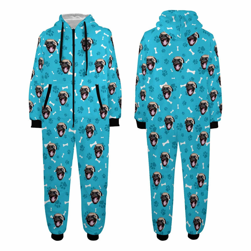 FacePajamas Pajama Adult Onesie Adult / Blue / S [Thick Soft Fabric] Funny Flannel Fleece Adult Onesie Pajamas Custom Pet Face Dog Bones Jumpsuit Homewear