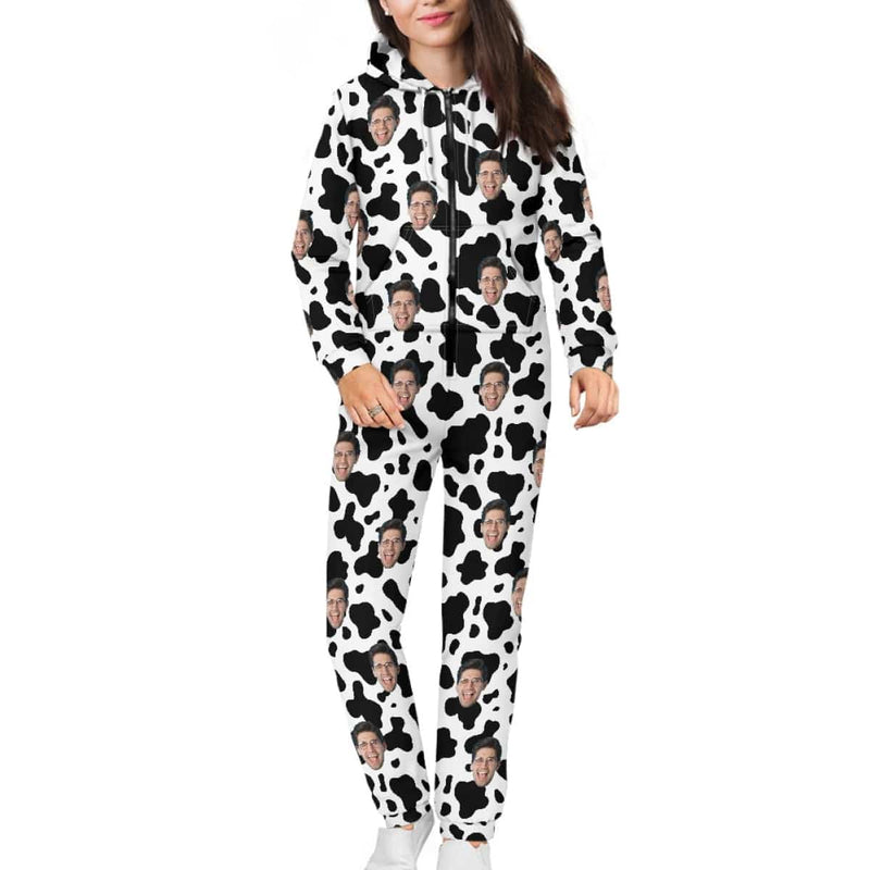 FacePajamas Hooded Onesie-2ML-ZD Adult / S Custom Face Cow Pattern Family Hooded Onesie Jumpsuits with Pocket Personalized Zip One-piece Pajamas for Adult kids