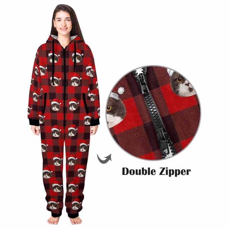 FacePajamas Pajama Adult Onesie Adult / S [Thick Soft Fabric] Funny Flannel Fleece Adult Onesie Pajamas Custom Face Christmas Red and Black Plaid Jumpsuit Homewear