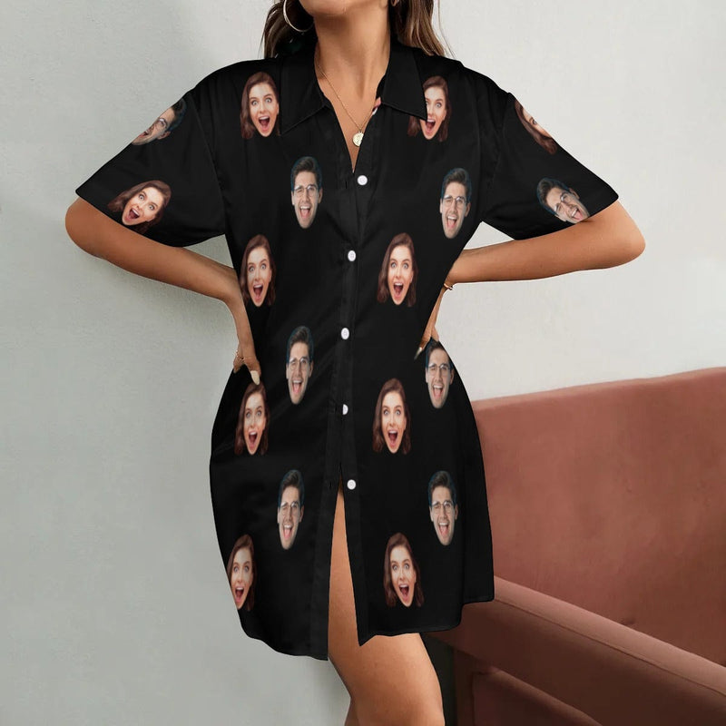 FacePajamas Pajama-2ML-MTMS Black / S Custom Face Solid Color Satin Nightgown For Women Silk Nightshirt Button Down Pajamas Dress Boyfriend Sleepshirt S-3XL