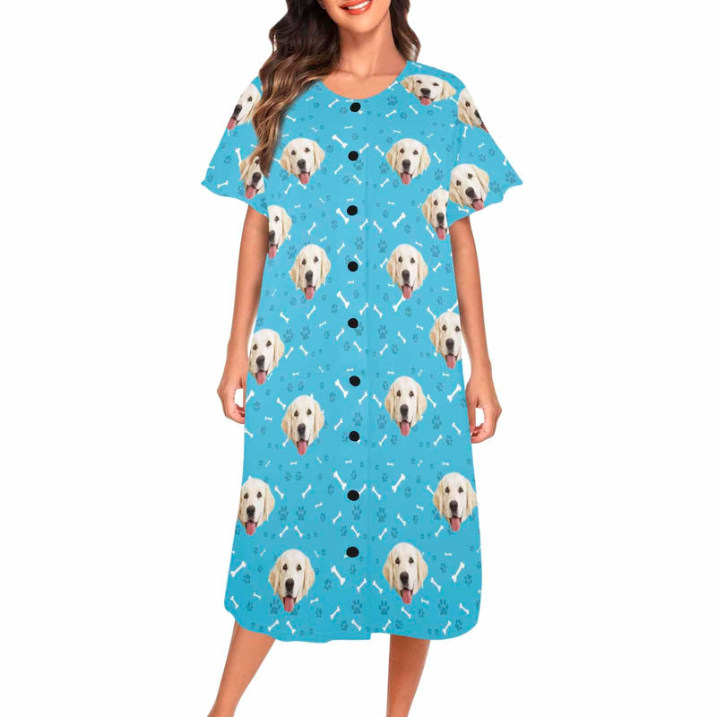 FacePajamas Pajama Dress Blue / XS Custom Dag Face Dog Bone Women's Nightshirt Short Sleeve Button Down Nightgown V-Neck Sleepwear Pajama Dress
