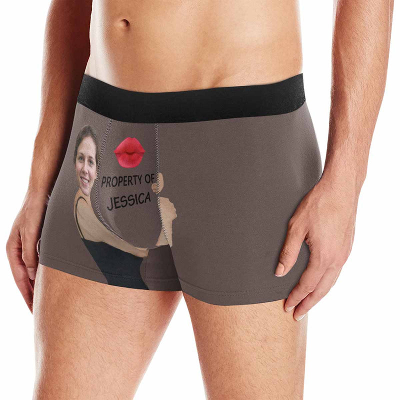 FacePajamas Men Underwear Brown / XS Custom Face&Name Boxer Underwear Red Lip Property Of Personalized Men's All-Over Print Boxer Briefs For Valentine's Day Gift