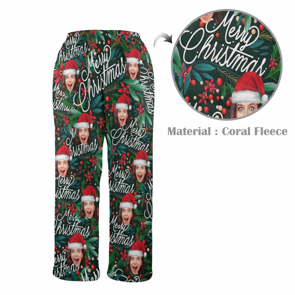 FacePajamas Pajama Shirt&Pants-Fleece Coral Fleece Pajama Trousers-Custom Face Christmas Red Beans Print Warm and Comfortable Sleepwear Long Pajama Pants For Men Women