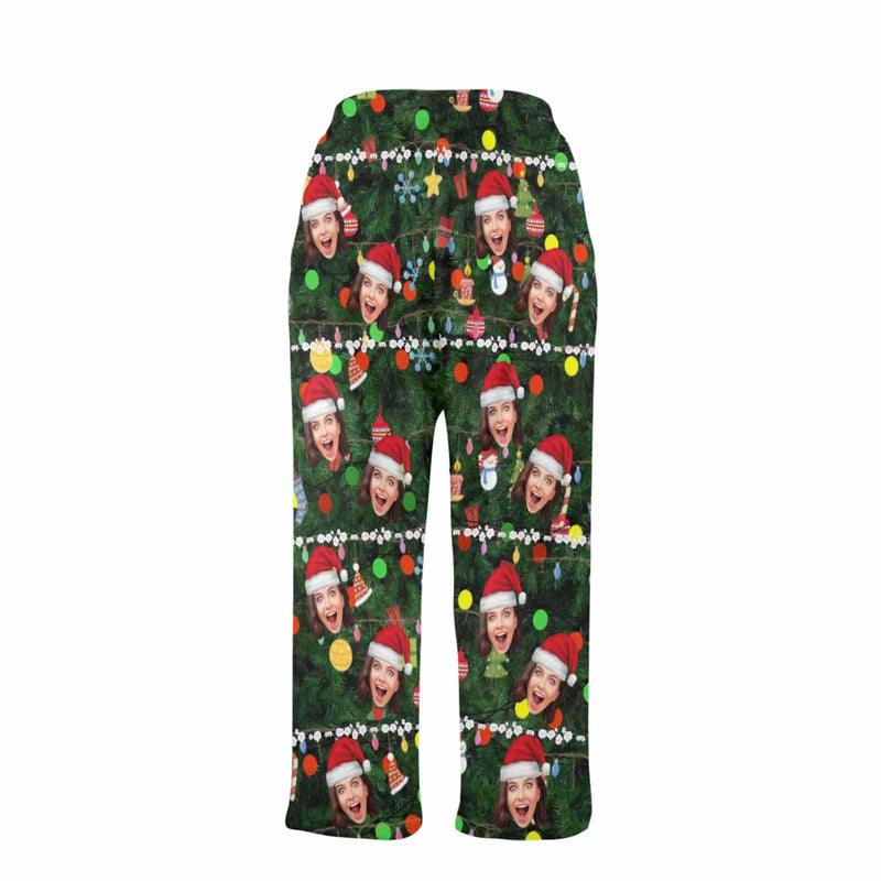 FacePajamas Pajama Shirt&Pants-Fleece Coral Fleece Pajama Trousers-Custom Face Christmas Red Hat Tree Trinkets Warm and Comfortable Sleepwear Long Pajama Pants For Men Women