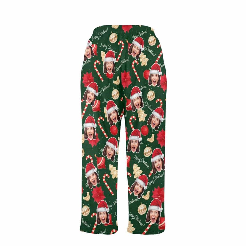 FacePajamas Pajama Shirt&Pants-Fleece Coral Fleece Pajama Trousers-Custom Face Christmas Sticks Red Hat Warm and Comfortable Sleepwear Long Pajama Pants For Men Women