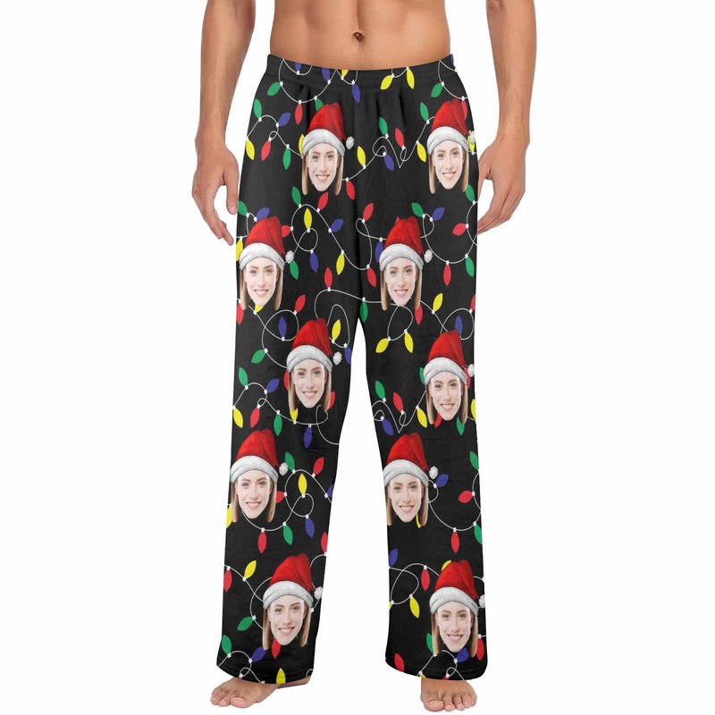 FacePajamas Pajama Shirt&Pants-Fleece Coral Fleece Pajama Trousers-Custom Face Colored Light Bulbs Christmas Red Hat Warm and Comfortable Sleepwear Long Pajama Pants For Men Women