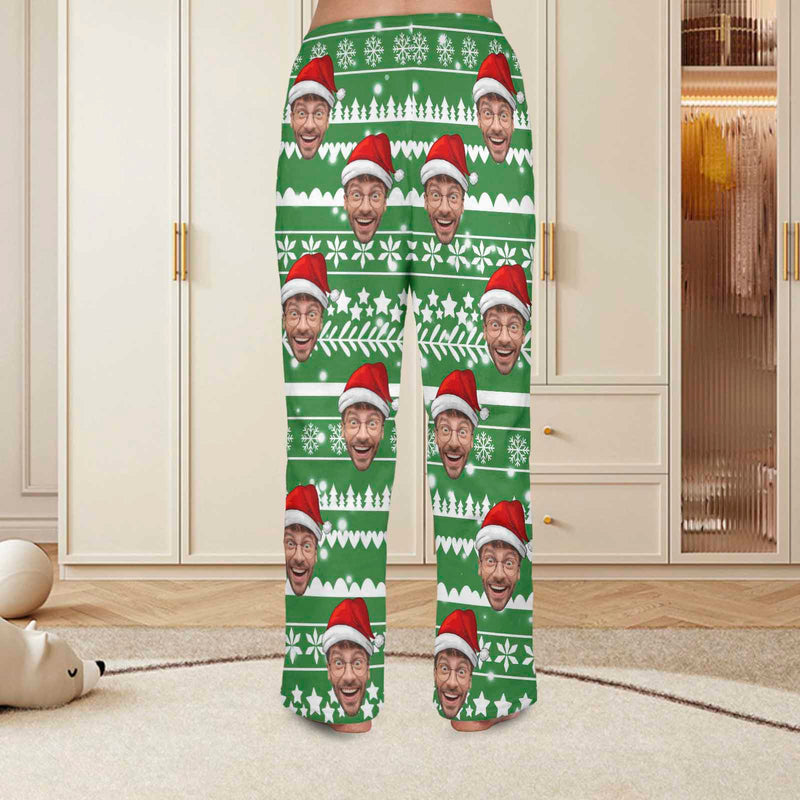 FacePajamas Pajama Shirt&Pants-Fleece Coral Fleece Pajama Trousers-Custom Face Green Christmas Tree Warm and Comfortable Sleepwear Long Pajama Pants For Men Women