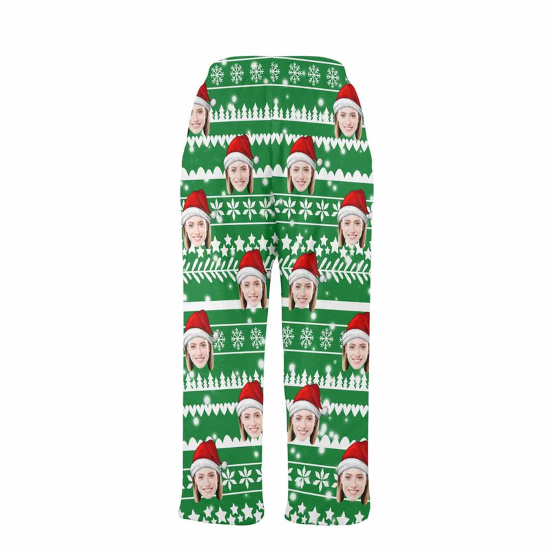 FacePajamas Pajama Shirt&Pants-Fleece Coral Fleece Pajama Trousers-Custom Face Green Christmas Tree Warm and Comfortable Sleepwear Long Pajama Pants For Men Women
