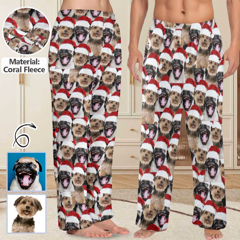 FacePajamas Pajama Shirt&Pants-Fleece Coral Fleece Pajama Trousers-Custom Face Pet Christmas Red Hat Warm and Comfortable Sleepwear Long Pajama Pants For Men Women