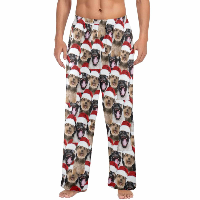 FacePajamas Pajama Shirt&Pants-Fleece Coral Fleece Pajama Trousers-Custom Face Pet Christmas Red Hat Warm and Comfortable Sleepwear Long Pajama Pants For Men Women