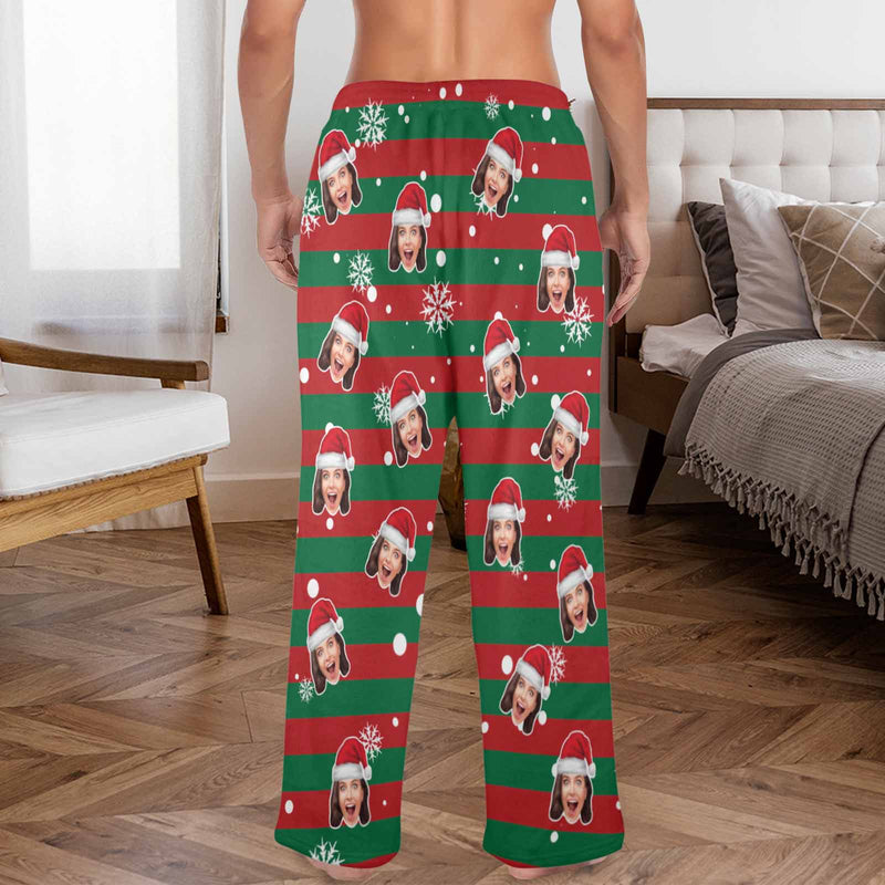 FacePajamas Pajama Shirt&Pants-Fleece Coral Fleece Pajama Trousers-Custom Face Red And Green Christmas Snowflake Warm and Comfortable Sleepwear Long Pajama Pants For Men Women