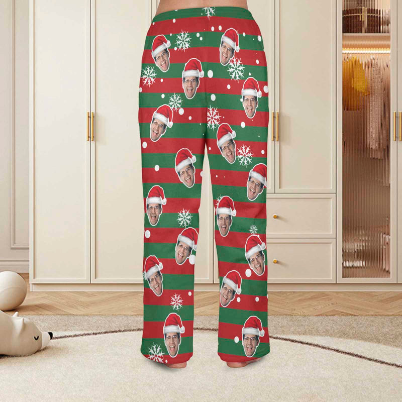 FacePajamas Pajama Shirt&Pants-Fleece Coral Fleece Pajama Trousers-Custom Face Red And Green Christmas Snowflake Warm and Comfortable Sleepwear Long Pajama Pants For Men Women