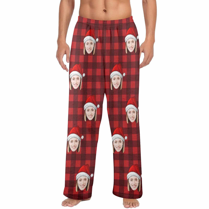 FacePajamas Pajama Shirt&Pants-Fleece Coral Fleece Pajama Trousers-Custom Face Red Plaid Warm and Comfortable Sleepwear Long Pajama Pants For Men Women
