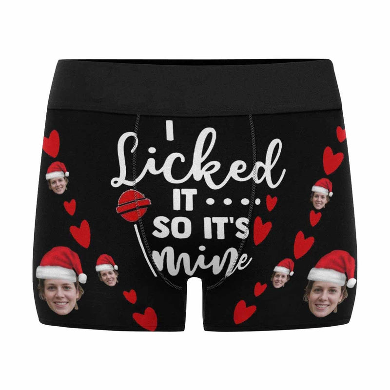 FacePajamas Men Underwear Custom Boxer Briefs with Face I Licked It Christmas Hat Personalized Red Love Heart Boxer Briefs For Valentine's Day Gift