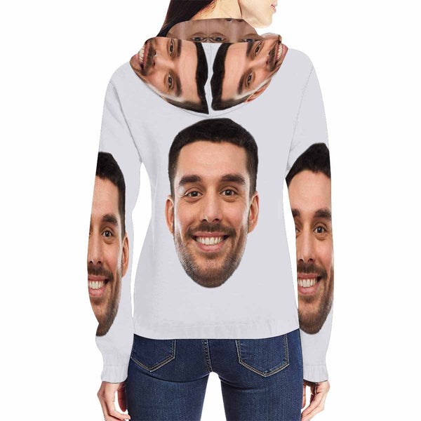 FacePajamas Hoodie-Full Zip-W Custom Boyfriend Face Full Zip Hoodie Gray Women's All Over Print Personalized Zipper Hoodie with Husband Face for Him