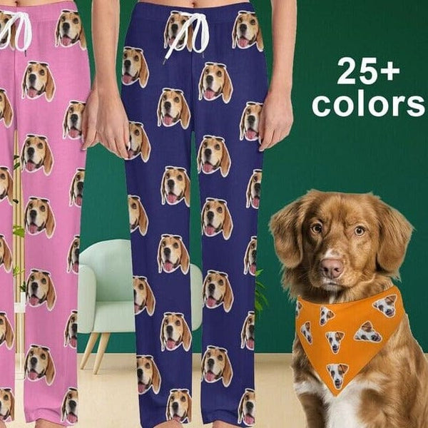 FacePajamas Pajama Pants& Bandana-2ML-SDS Custom Cat Dog Face Solid Color Pajama Pants and Pet Dog Bandana