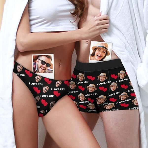 FacePajamas Women Underwear Custom couple matching underwear love heart with face personalized mens boxer briefs womens classic thongs, Valentine's Day Gift