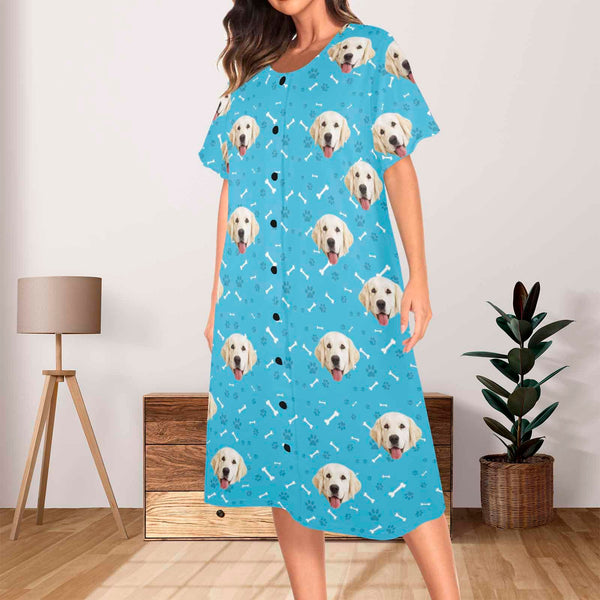 FacePajamas Pajama Dress Custom Dag Face Dog Bone Women's Nightshirt Short Sleeve Button Down Nightgown V-Neck Sleepwear Pajama Dress