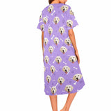 FacePajamas Pajama Dress Custom Dag Face Dog Bone Women's Nightshirt Short Sleeve Button Down Nightgown V-Neck Sleepwear Pajama Dress