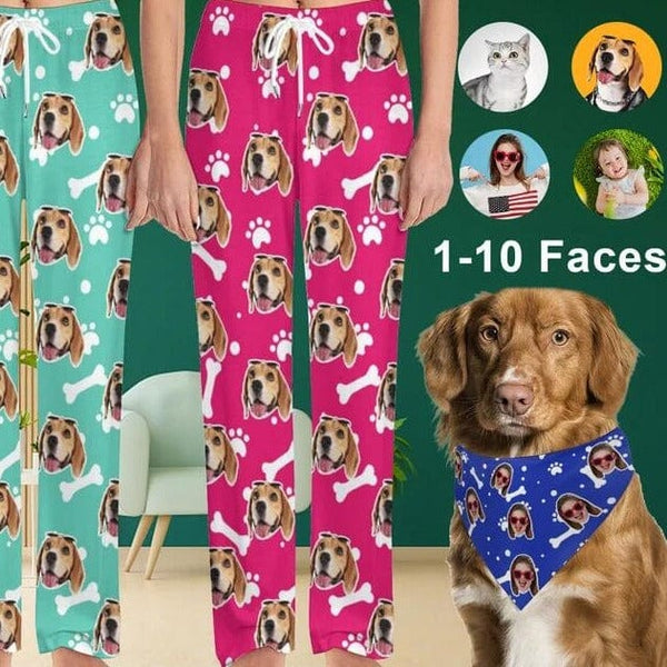 FacePajamas Pajama Pants& Bandana-2ML-SDS Custom Dog Face Dog Bone Pajama Pants and Pet Dog Bandana