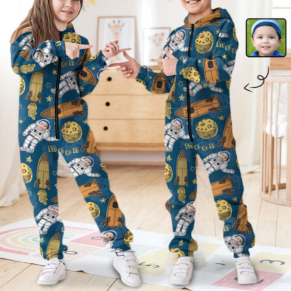 FacePajamas Hooded Onesie-Kid-2ML-ZD Custom Face Astronaut Unisex Jumpsuits Zip Up Hoodie Onesie with Pockets for Kids Boys Girls