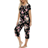 FacePajamas Pajama 7 Set-2ML-1688 Custom Face Black Flowers Women's Loungewear Set Short Sleeve Shirt and Capri Pants Sleepwear Pajama Set