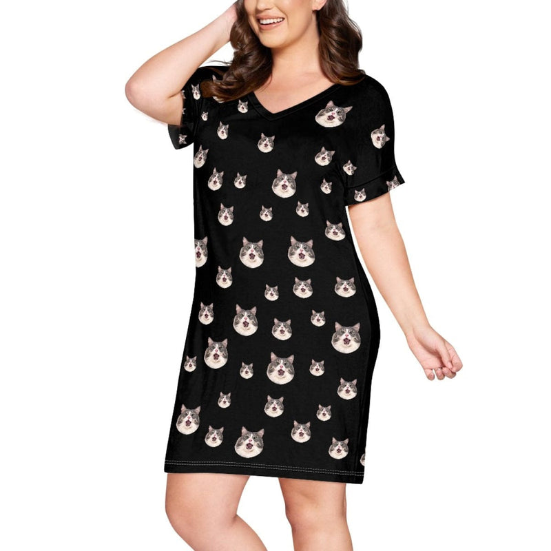 FacePajamas Custom Face Black Nightgown for Women Sleepwear V Neck Pajama Dress Soft Nightshirt