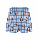 FacePajamas Men Underwear-shorts Custom Face Blue Plaid Boxer Shorts Pure Cotton Shorts for Men