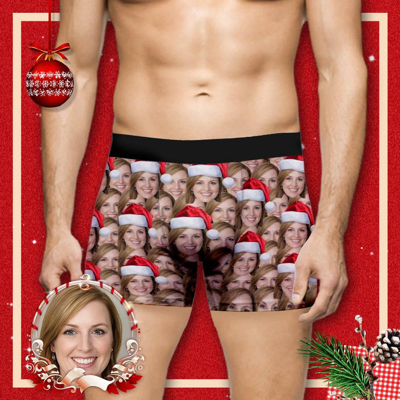 FacePajamas Men Underwear Custom Face Christmas Hat Men's Boxer Briefs Print Your Own Personalized Underwear For Valentine's Day Gift