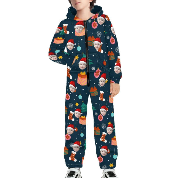 FacePajamas Hooded Onesie-Kid-2ML-ZD Custom Face Christmas Santa Hat Unisex Jumpsuits Zip Up Hoodie Onesie with Pockets for Kids Boys Girls
