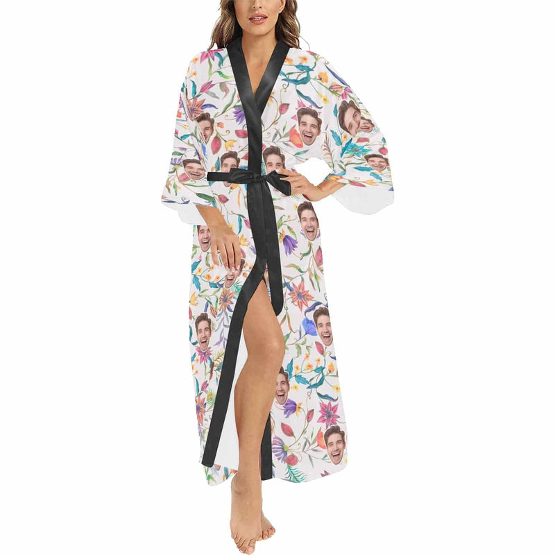 FacePajamas Custom Face Colorful Flower Women's Long Pajamas Personalized Photo Long Pajamas Kimono Robe