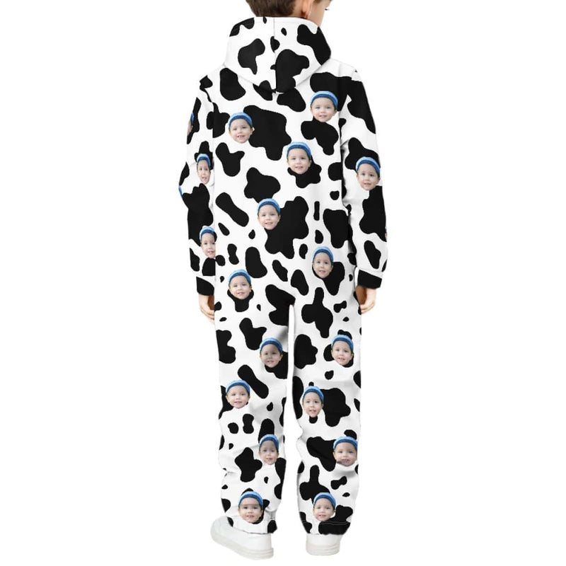 FacePajamas Hooded Onesie-2ML-ZD Custom Face Cow Pattern Family Hooded Onesie Jumpsuits with Pocket Personalized Zip One-piece Pajamas for Adult kids
