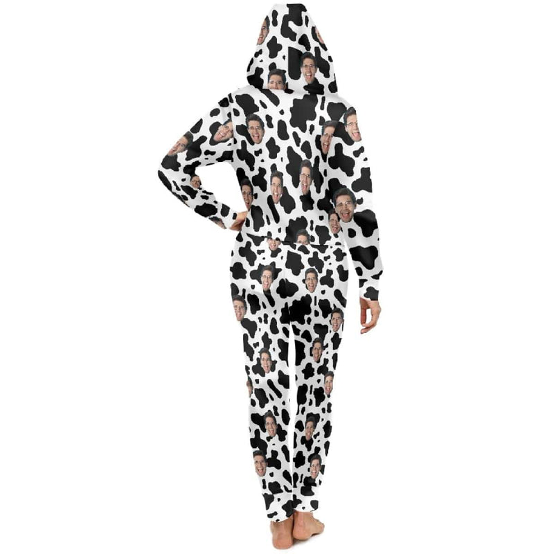 FacePajamas Hooded Onesie-2ML-ZD Custom Face Cow Pattern Unisex Adult Hooded Onesie Jumpsuits with Pocket Personalized Zip One-piece Pajamas for Men and Women