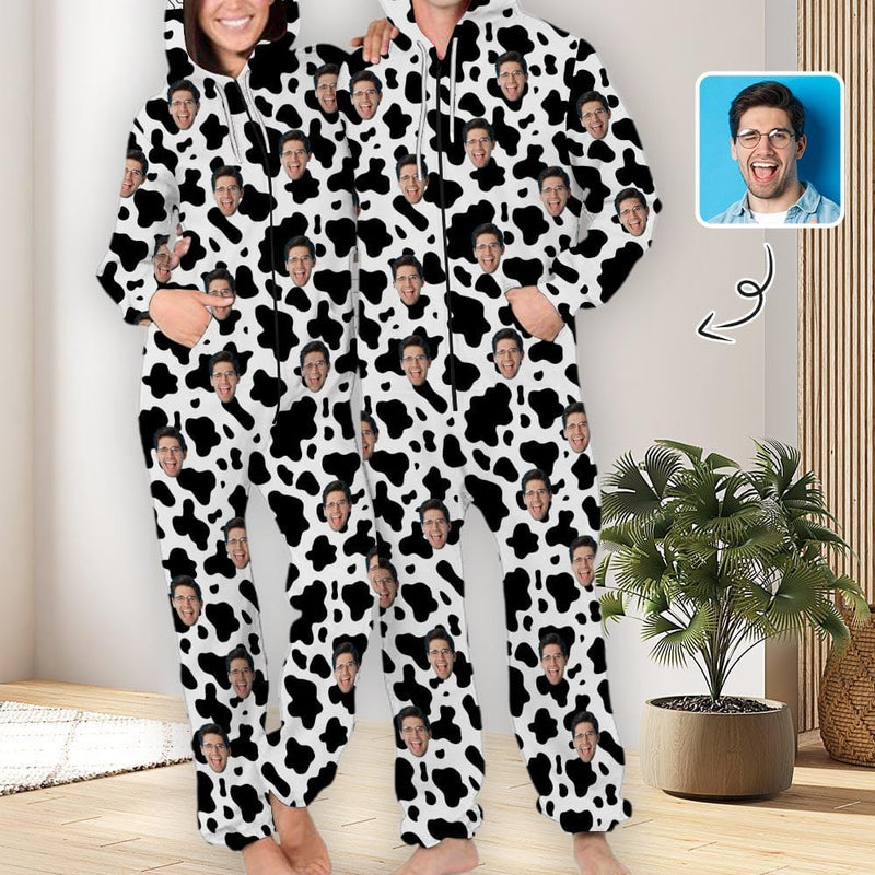 FacePajamas Hooded Onesie-2ML-ZD Custom Face Cow Pattern Unisex Adult Hooded Onesie Jumpsuits with Pocket Personalized Zip One-piece Pajamas for Men and Women