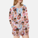 FacePajamas Pajama Long Tracksuit Custom Face Donut Women's Long Sleeve Scoop Neck Short Pajama Set