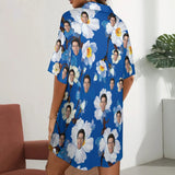 FacePajamas Pajama-2ML-MTMS Custom Face Flower Blue Satin Nightgown For Women Silk Nightshirt Button Down Pajamas Dress Boyfriend Sleepshirt S-3XL