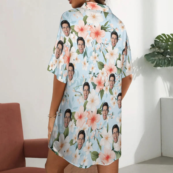 FacePajamas Pajama-2ML-MTMS Custom Face Flower Satin Nightgown For Women Silk Nightshirt Button Down Pajamas Dress Boyfriend Sleepshirt S-3XL