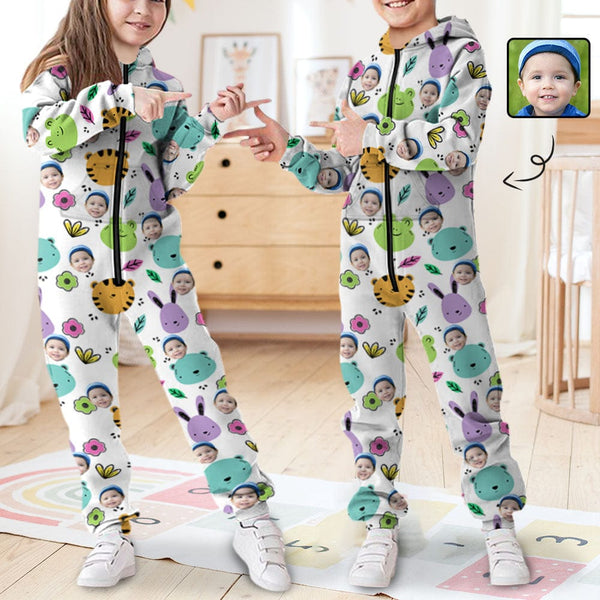 FacePajamas Hooded Onesie-Kid-2ML-ZD Custom Face Flowers Animals Unisex Jumpsuits Zip Up Hoodie Onesie with Pockets for Kids Boys Girls