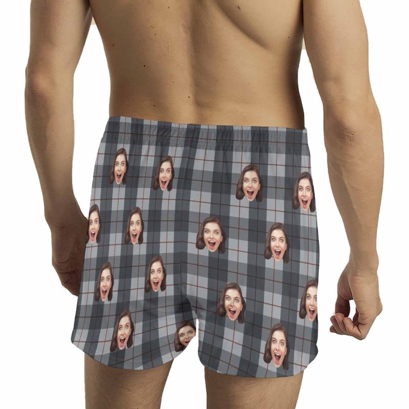 FacePajamas Men Underwear-shorts Custom Face Gray Line Plaid Boxer Shorts Pure Cotton Shorts for Men
