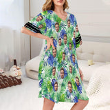 FacePajamas Pajama Dress-1YN-Blue Custom Face Green Leaves Women's V-Neck Short Sleeved Nightdresses Personazlied Sleep Dress