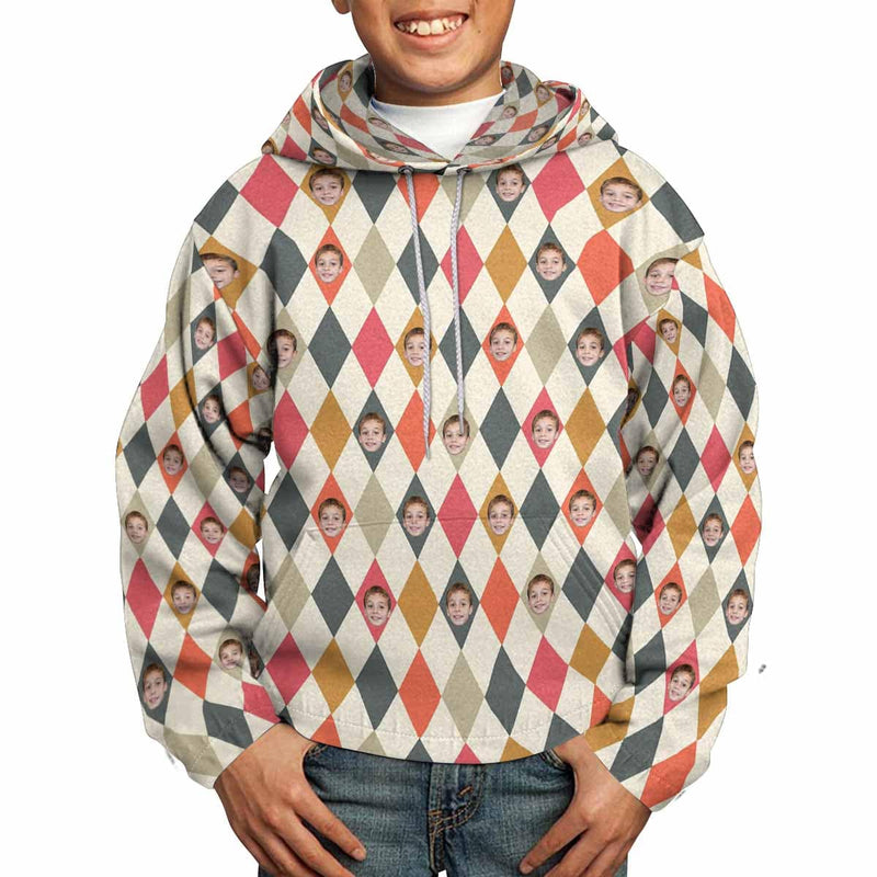 FacePajamas Hoodie-Kids Custom Face Grid Box Hoodie for 5~15Y Youth Personalized Hooded Pullover Loose Hoodie